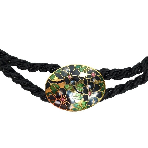 Vintage 80s Floral Cloisonne Belt Buckle Black Goldtone Rope Slide Pendant - Picture 2 of 6